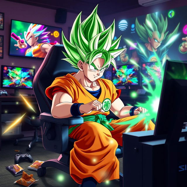 A dynamic scene featuring Goku in his Super Saiyan Green transformation, intensely focused while playing video games