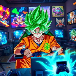 A dynamic scene featuring Goku in his Super Saiyan Green transformation, intensely focused while playing video games