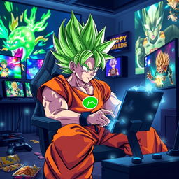 A dynamic scene featuring Goku in his Super Saiyan Green transformation, intensely focused while playing video games
