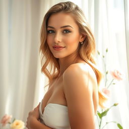 A beautiful, confident woman standing in a sun-drenched room, her skin glowing and radiant