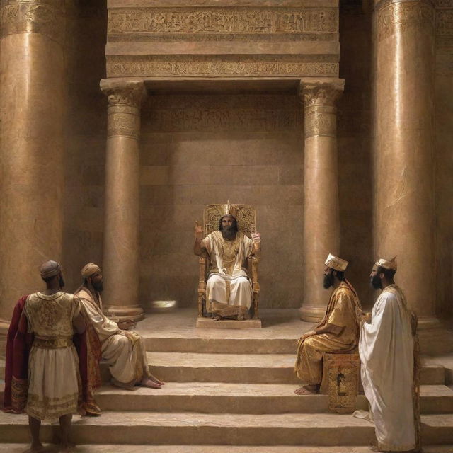 In the ornate throne room of a Pharaoh's palace, Prophets Moses and Aaron are preaching, their voices filled with conviction and compassion, conveying the divine message to the Pharaoh and his court.