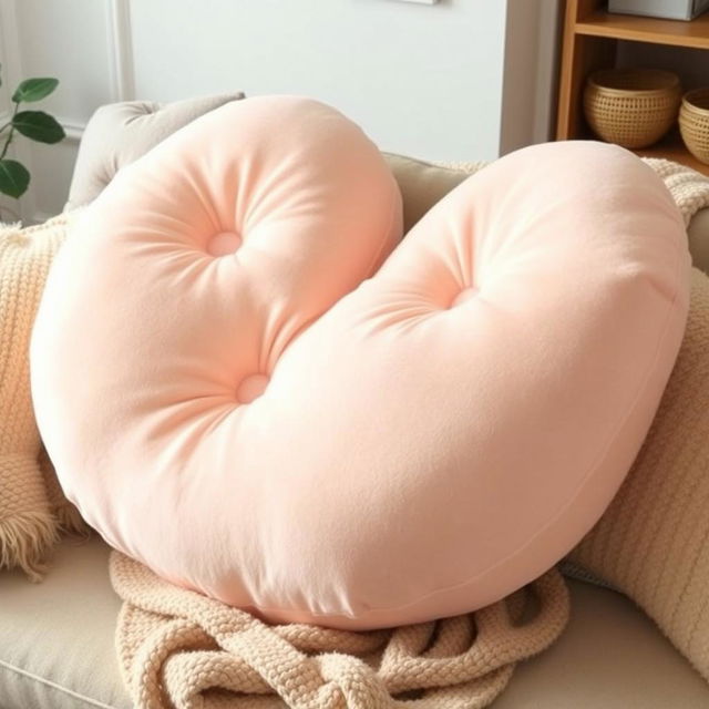 A plush and oversized pillow designed in the shape of soft, round breasts, featuring a fabric that mimics the texture of real skin