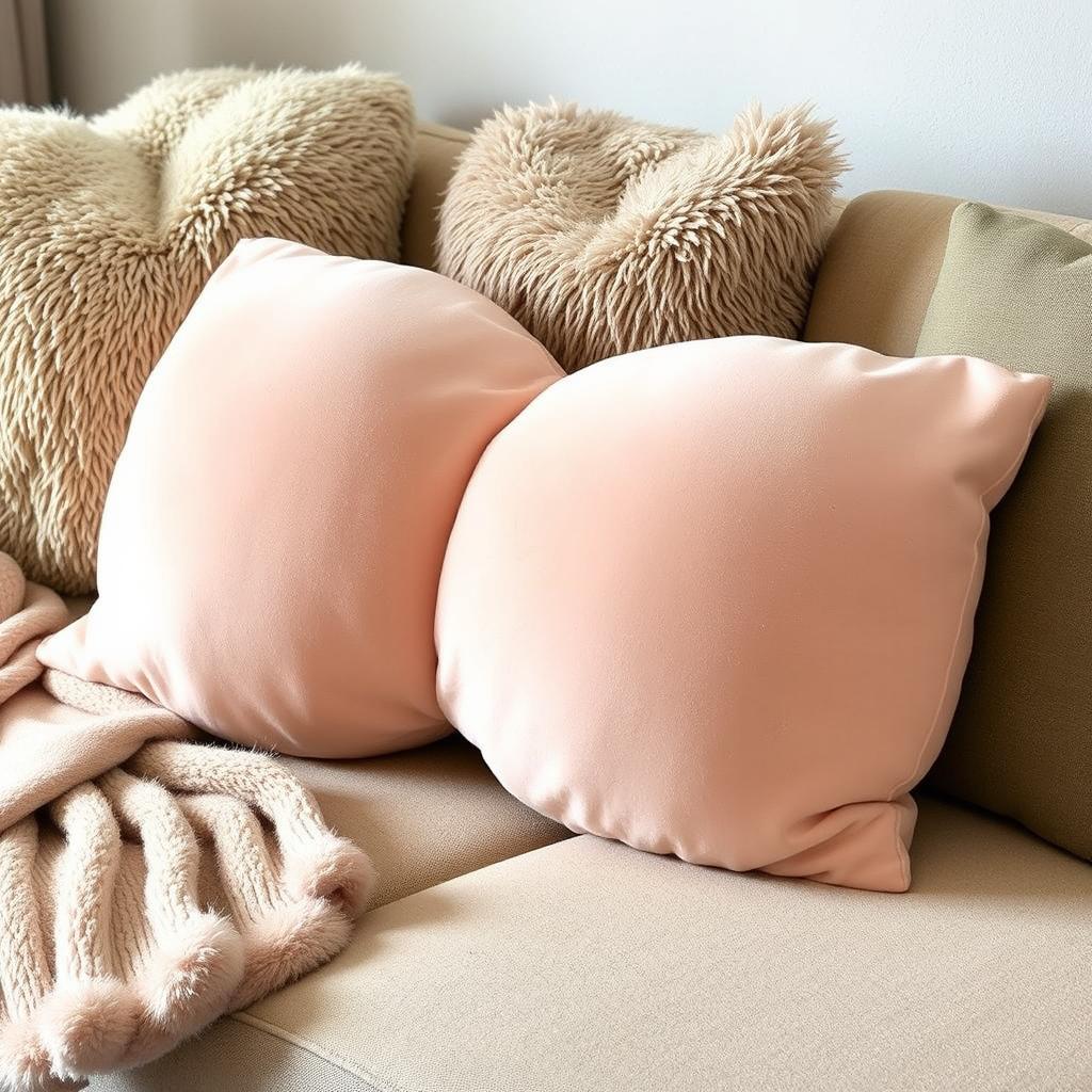 A plush and oversized pillow designed in the shape of soft, round breasts, featuring a fabric that mimics the texture of real skin