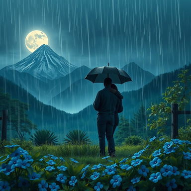 A romantic love story scene featuring a long distance couple on a rainy night