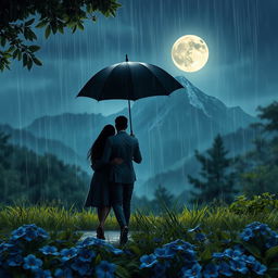 A romantic love story scene featuring a long distance couple on a rainy night