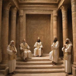 In the ornate throne room of a Pharaoh's palace, Prophets Moses and Aaron are preaching, their voices filled with conviction and compassion, conveying the divine message to the Pharaoh and his court.