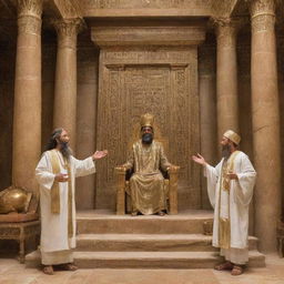 In the ornate throne room of a Pharaoh's palace, Prophets Moses and Aaron are preaching, their voices filled with conviction and compassion, conveying the divine message to the Pharaoh and his court.