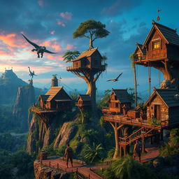 An expansive scene of various impressive structures and buildings in a survival game inspired by 'ARK'