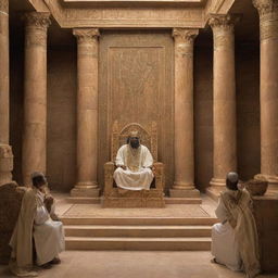 In the ornate throne room of a Pharaoh's palace, Prophets Moses and Aaron are preaching, their voices filled with conviction and compassion, conveying the divine message to the Pharaoh and his court.