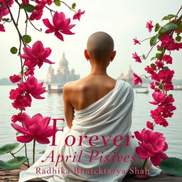 A book cover featuring the back of a real-looking slim woman with a slender neck sitting by the banks of the Ganges River