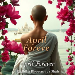 A book cover featuring the back of a real-looking slim woman with a slender neck sitting by the banks of the Ganges River