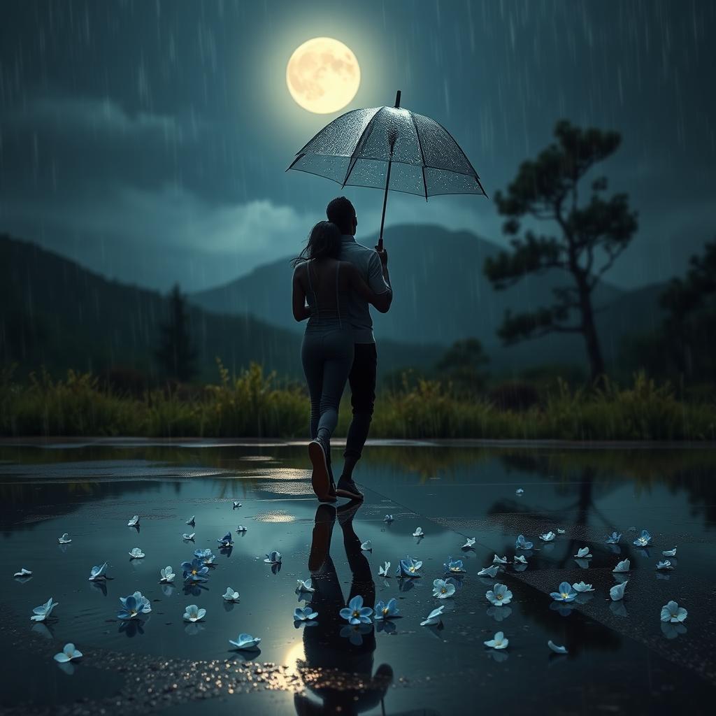 A romantic scene depicting two black individuals walking under a shared umbrella on a rainy night