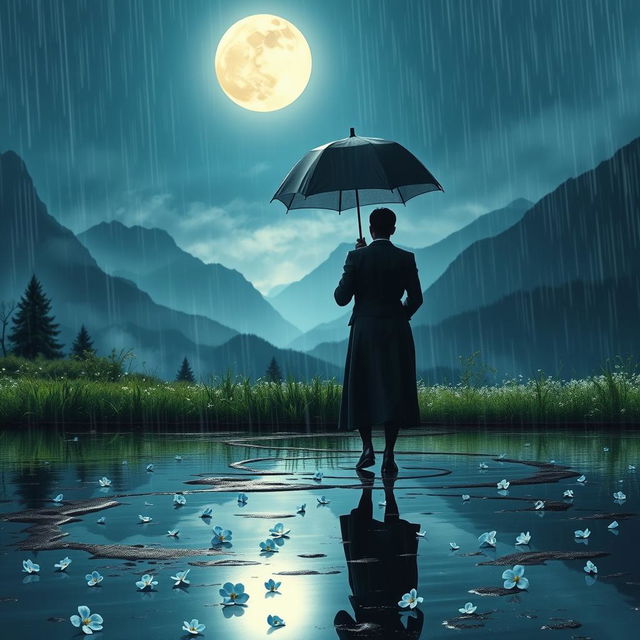 A romantic scene depicting two black individuals walking under a shared umbrella on a rainy night