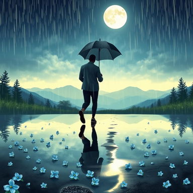 A romantic scene depicting two black individuals walking under a shared umbrella on a rainy night