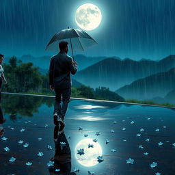 A romantic scene depicting two black individuals walking under a shared umbrella on a rainy night