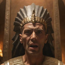 In the Pharaoh's throne room, tension spikes as the Pharaoh's face flushes with anger. His fiery eyes are ablaze as he reacts strongly to the messages of Prophets Moses and Aaron.