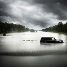 An SUV submerged up to its roof in a flooded river, encapsulating a dramatic image of extreme natural events.