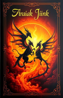 A captivating book cover featuring mystical jinn, illustrated in deep warm colors like amber, gold, and dark black