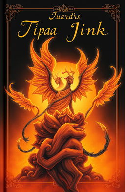 A captivating book cover featuring mystical jinn, illustrated in deep warm colors like amber, gold, and dark black