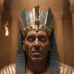 In the Pharaoh's throne room, tension spikes as the Pharaoh's face flushes with anger. His fiery eyes are ablaze as he reacts strongly to the messages of Prophets Moses and Aaron.