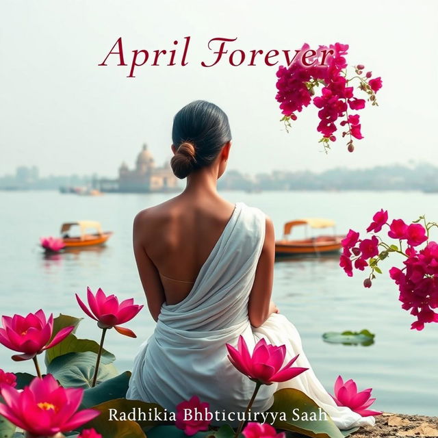 A serene book cover featuring the back of a slim woman with a slender neck, wearing a white flowing sari, sitting gracefully on the banks of the Ganges River