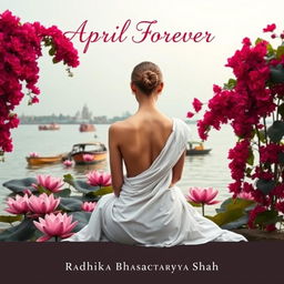 A serene book cover featuring the back of a slim woman with a slender neck, wearing a white flowing sari, sitting gracefully on the banks of the Ganges River