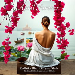A serene book cover featuring the back of a slim woman with a slender neck, wearing a white flowing sari, sitting gracefully on the banks of the Ganges River