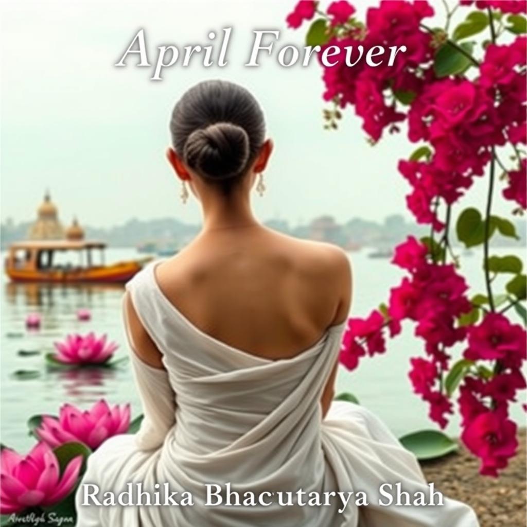 A serene book cover featuring the back of a slim woman with a slender neck, wearing a white flowing sari, sitting gracefully on the banks of the Ganges River