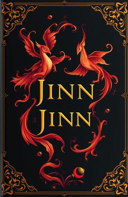 A mystical book cover design featuring jinn, illustrated with rich, warm colors like deep reds, golds, and oranges against a striking black background