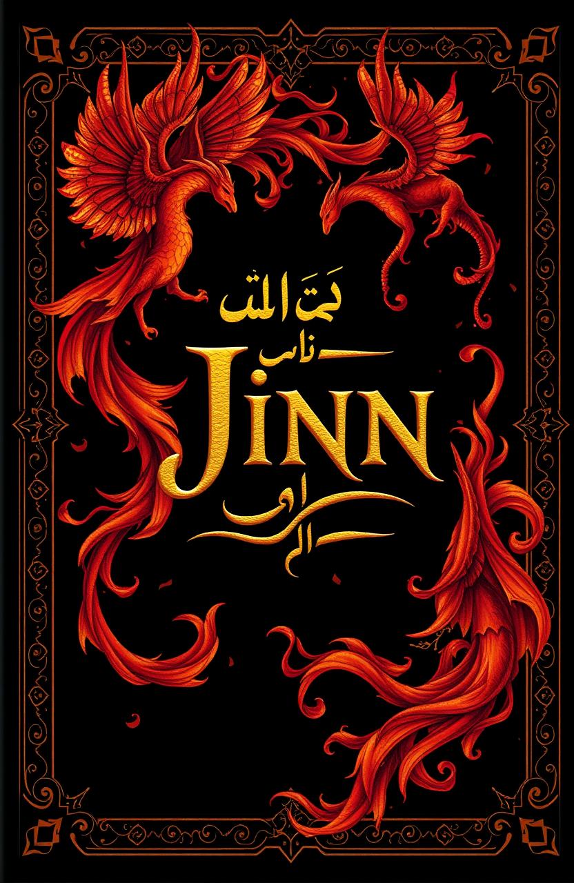 A mystical book cover design featuring jinn, illustrated with rich, warm colors like deep reds, golds, and oranges against a striking black background