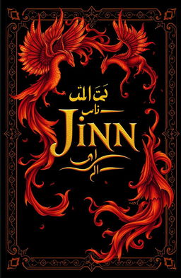 A mystical book cover design featuring jinn, illustrated with rich, warm colors like deep reds, golds, and oranges against a striking black background