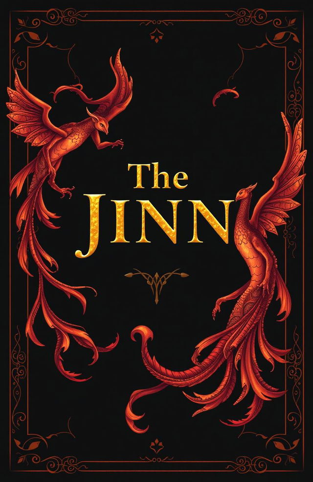 A mystical book cover design featuring jinn, illustrated with rich, warm colors like deep reds, golds, and oranges against a striking black background