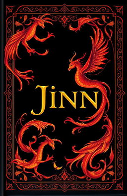 A mystical book cover design featuring jinn, illustrated with rich, warm colors like deep reds, golds, and oranges against a striking black background