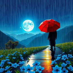 A long-distance romantic love story depicted on a rainy night, showcasing an aesthetic view of nature and mountains under the glowing moonlight