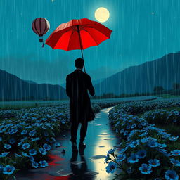 A long-distance romantic love story depicted on a rainy night, showcasing an aesthetic view of nature and mountains under the glowing moonlight
