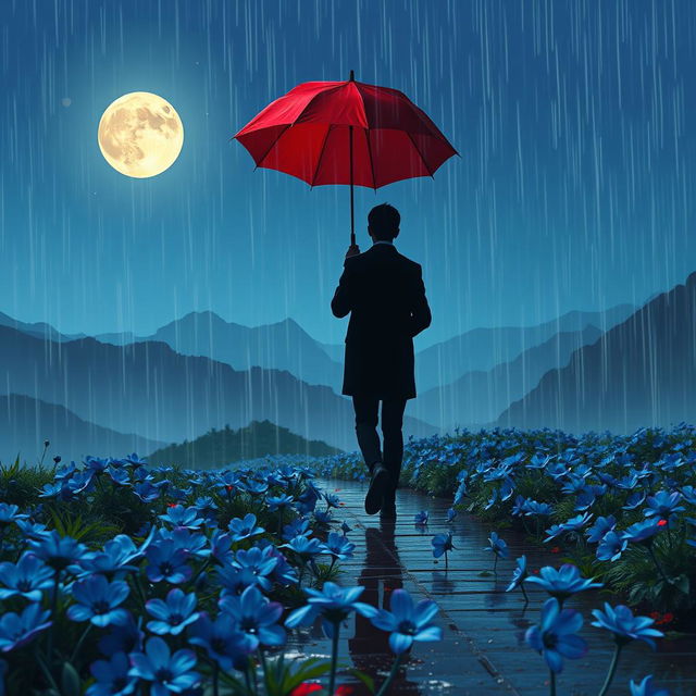 A long-distance romantic love story depicted on a rainy night, showcasing an aesthetic view of nature and mountains under the glowing moonlight