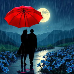 A long-distance romantic love story depicted on a rainy night, showcasing an aesthetic view of nature and mountains under the glowing moonlight