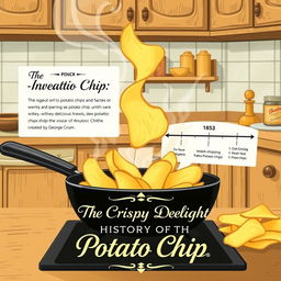 An engaging Pinterest pin focused on the topic 'The Invention of the Potato Chip,' featuring a vintage-style illustration of a potato chip being deep-fried