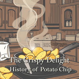 An engaging Pinterest pin focused on the topic 'The Invention of the Potato Chip,' featuring a vintage-style illustration of a potato chip being deep-fried