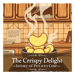 An engaging Pinterest pin focused on the topic 'The Invention of the Potato Chip,' featuring a vintage-style illustration of a potato chip being deep-fried