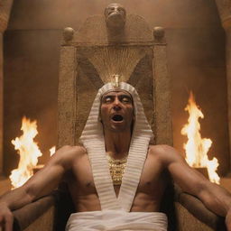 In the Pharaoh's throne room, tension spikes as the Pharaoh's face flushes with anger. His fiery eyes are ablaze as he reacts strongly to the messages of Prophets Moses and Aaron.