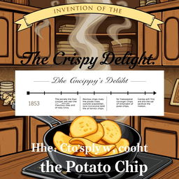 An engaging Pinterest pin focused on the topic 'The Invention of the Potato Chip,' featuring a vintage-style illustration of a potato chip being deep-fried