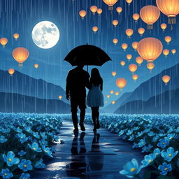 A long-distance romantic love story illustrated on a rainy night featuring a stunning aesthetic view of nature and mountains under a bright moon
