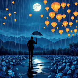 A long-distance romantic love story illustrated on a rainy night featuring a stunning aesthetic view of nature and mountains under a bright moon