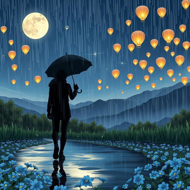 A long-distance romantic love story illustrated on a rainy night featuring a stunning aesthetic view of nature and mountains under a bright moon