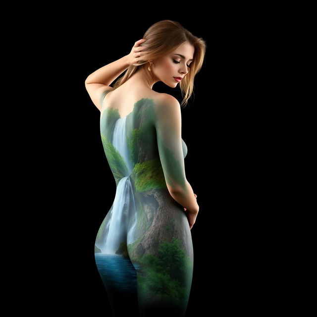 A full-body portrait of a woman in a graceful pose, with a stunning landscape painted on her back featuring a cascading waterfall and lush greenery