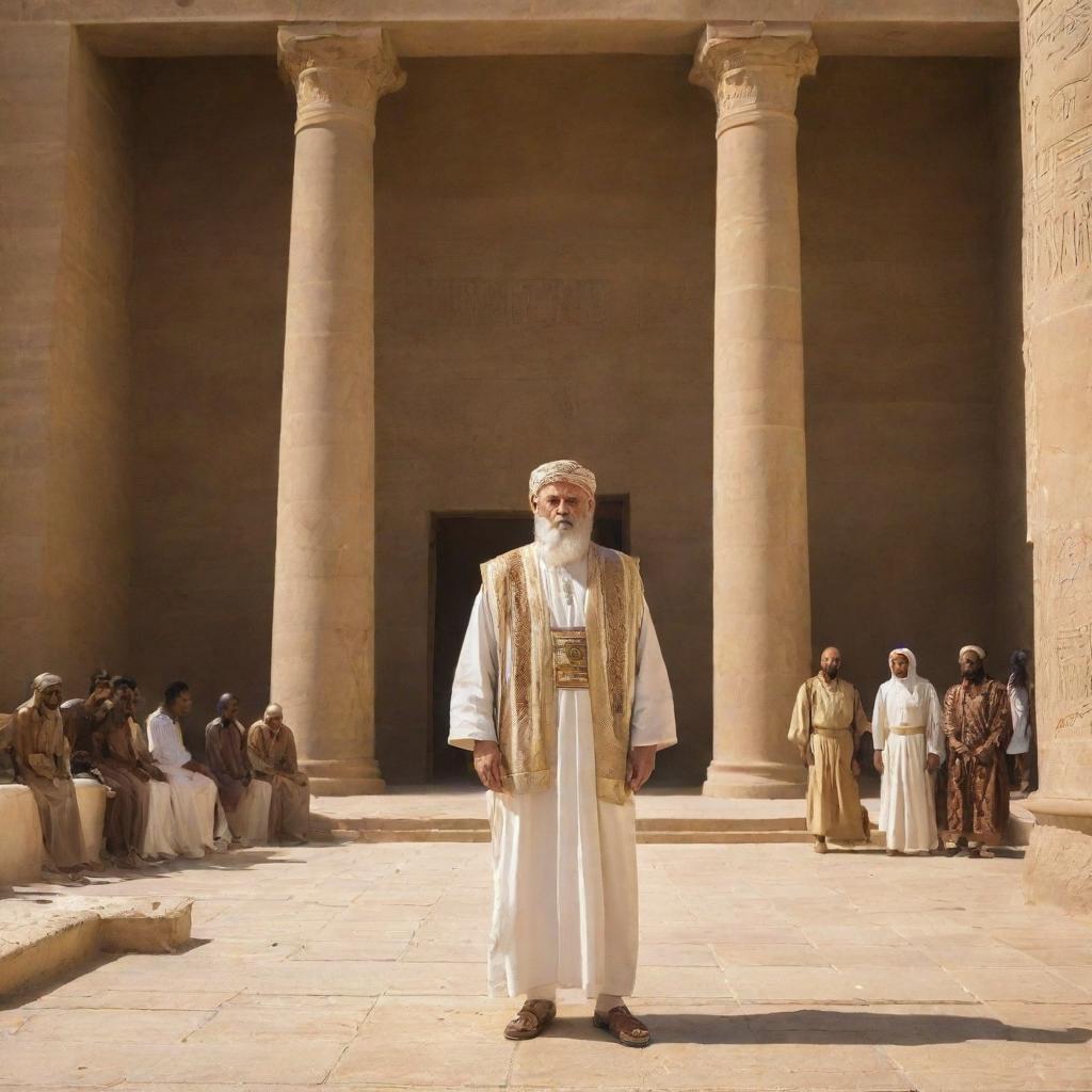 In the Pharaoh's grand courtyard, Prophet Moses stands boldly before the Pharaoh's magicians, ready to demonstrate the true power of his divine message against their illusions.