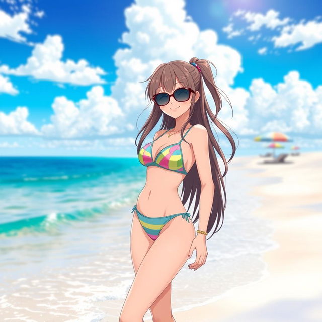 A stunning anime girl in a vibrant swimsuit, standing confidently on a beach with soft white sand and gentle waves lapping at her feet