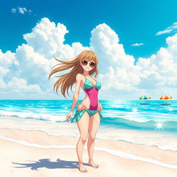 A stunning anime girl in a vibrant swimsuit, standing confidently on a beach with soft white sand and gentle waves lapping at her feet