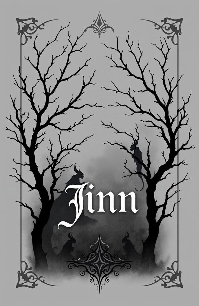 A mystical book cover featuring the theme of jinn, designed in grey, black, and white colors